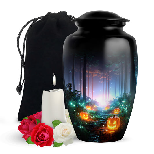 Obsidian Black Halloween Cremation Urn angled view of lid and engraved motif - elegant classic halloween relief with fine detailing - full-size 10 inch 200 cubic inch adult cremation urn
