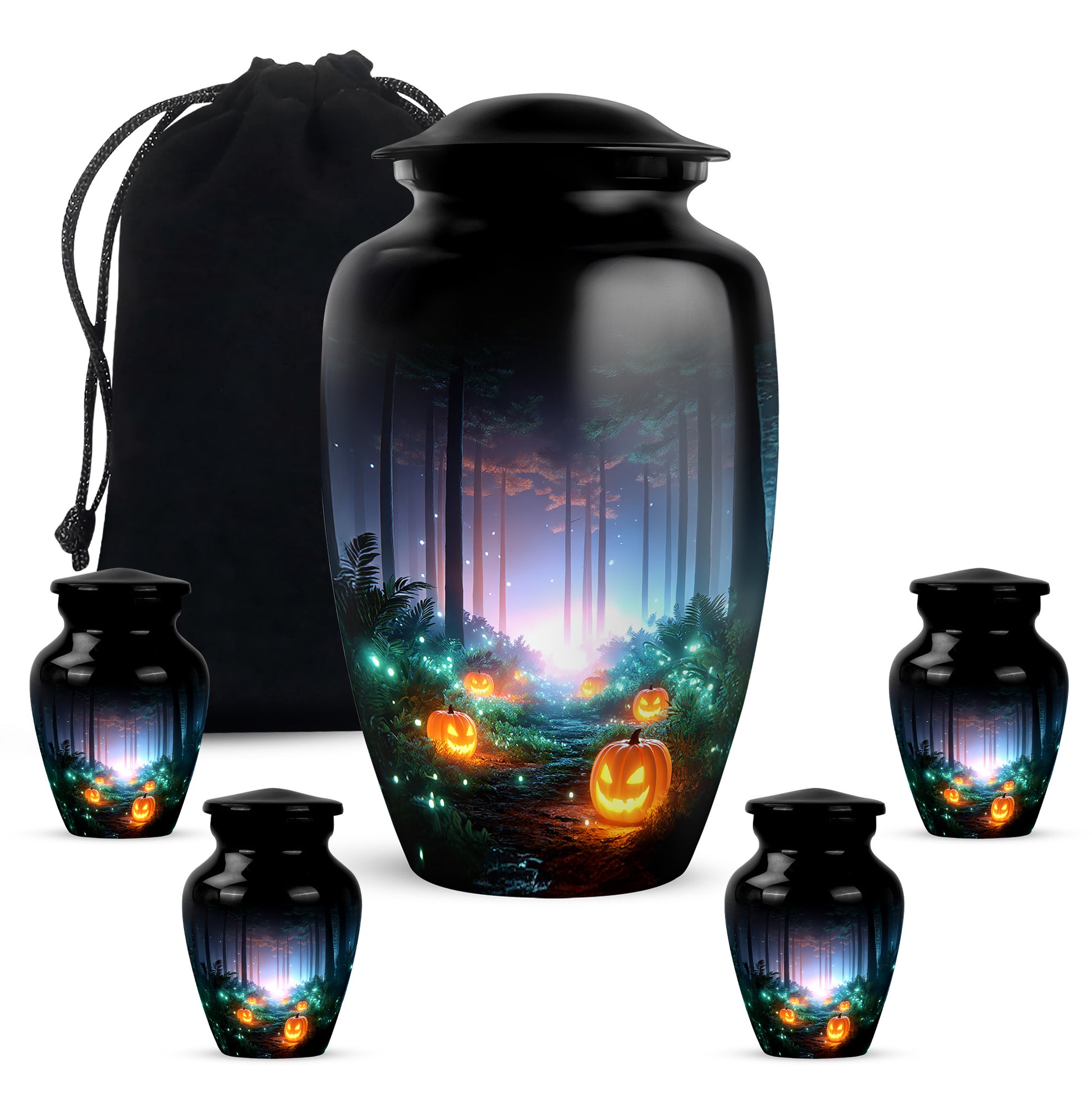 Rich Black Halloween Cremation Urn top-down view of secure threaded lid - timeless halloween motif etched into premium metal - memorial set with one large and four small urns