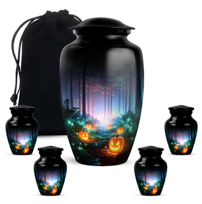 Rich Black Halloween Cremation Urn top-down view of secure threaded lid - timeless halloween motif etched into premium metal - memorial set with one large and four small urns