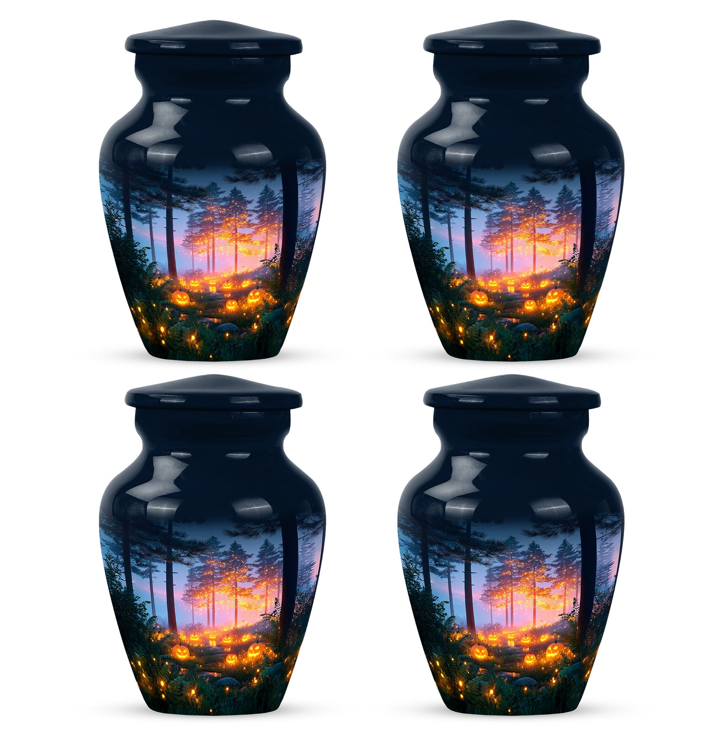 Serene Blue Halloween Cremation Urn side profile showing urn shape - traditional halloween engraving with hand-polished finish - 10 inch aluminum urn for cremated remains