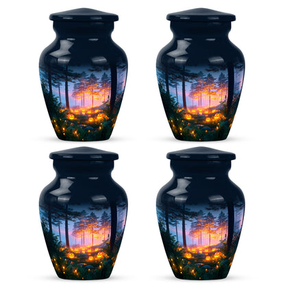 Serene Blue Halloween Cremation Urn side profile showing urn shape - traditional halloween engraving with hand-polished finish - 10 inch aluminum urn for cremated remains