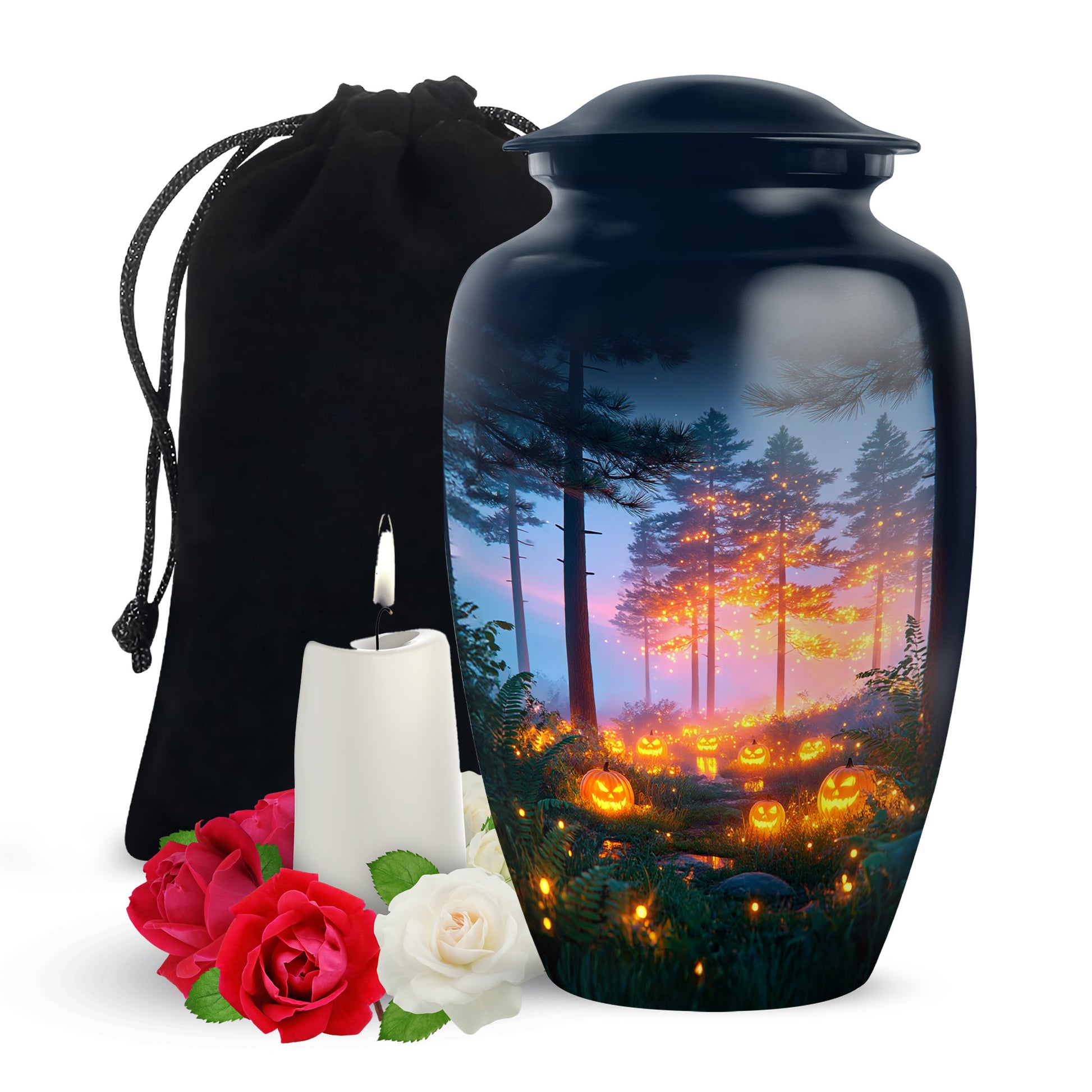 Vivid Blue Halloween Cremation Urn angled view of lid and engraved motif - traditional halloween engraving with hand-polished finish - full-size 10 inch 200 cubic inch adult cremation urn