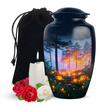 Vivid Blue Halloween Cremation Urn angled view of lid and engraved motif - traditional halloween engraving with hand-polished finish - full-size 10 inch 200 cubic inch adult cremation urn