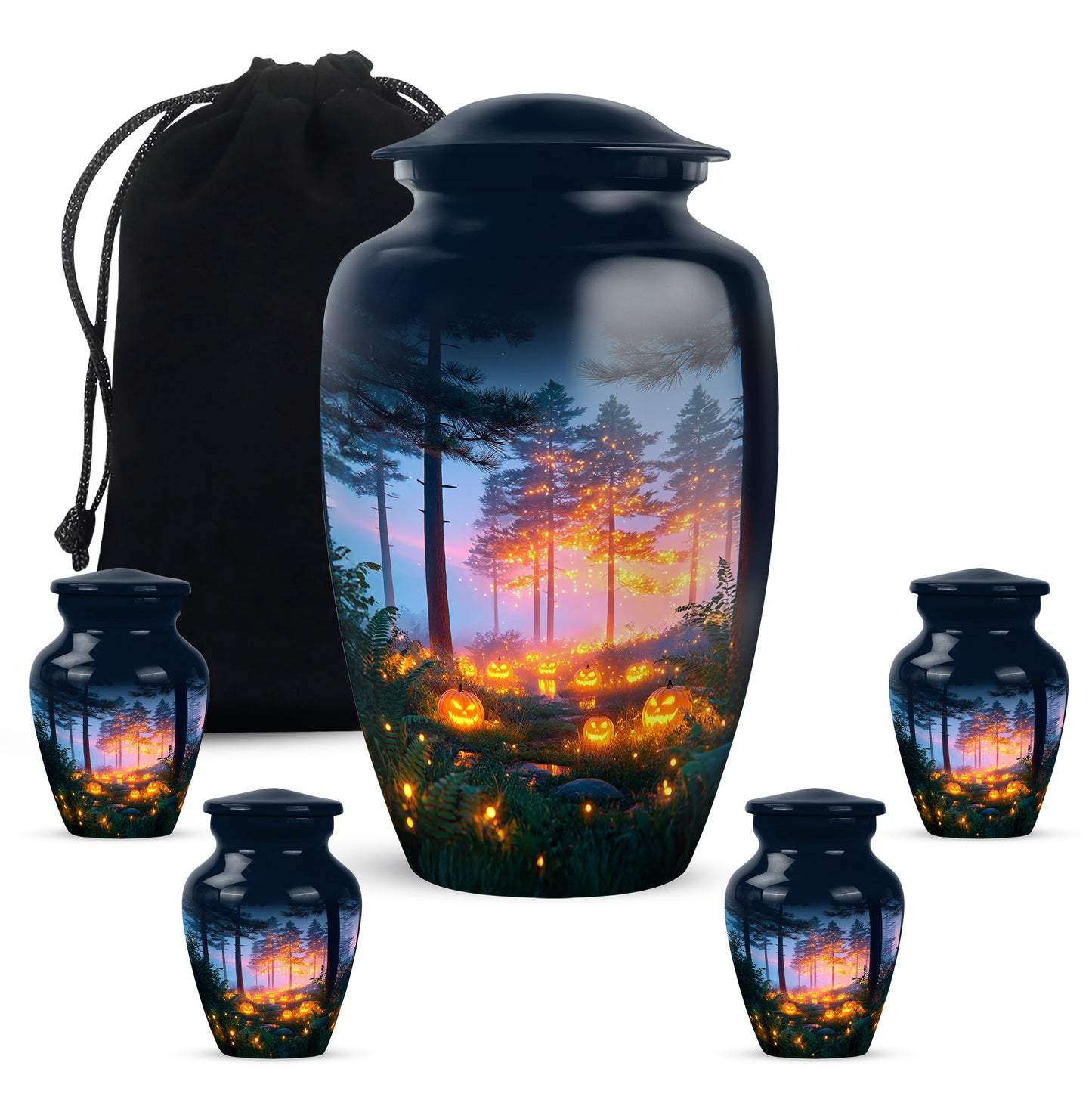 Twilight Blue Halloween Cremation Urn top-down view of secure threaded lid - elegant classic halloween relief with fine detailing - memorial set with one large and four small urns