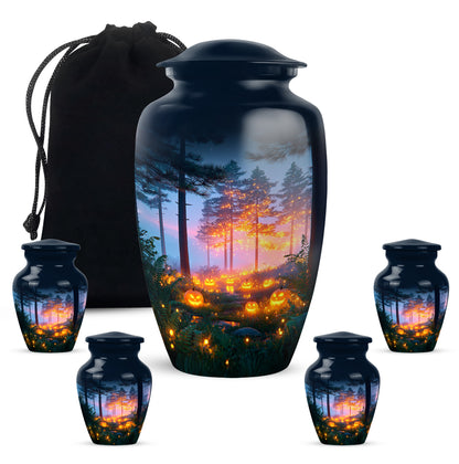 Twilight Blue Halloween Cremation Urn top-down view of secure threaded lid - elegant classic halloween relief with fine detailing - memorial set with one large and four small urns