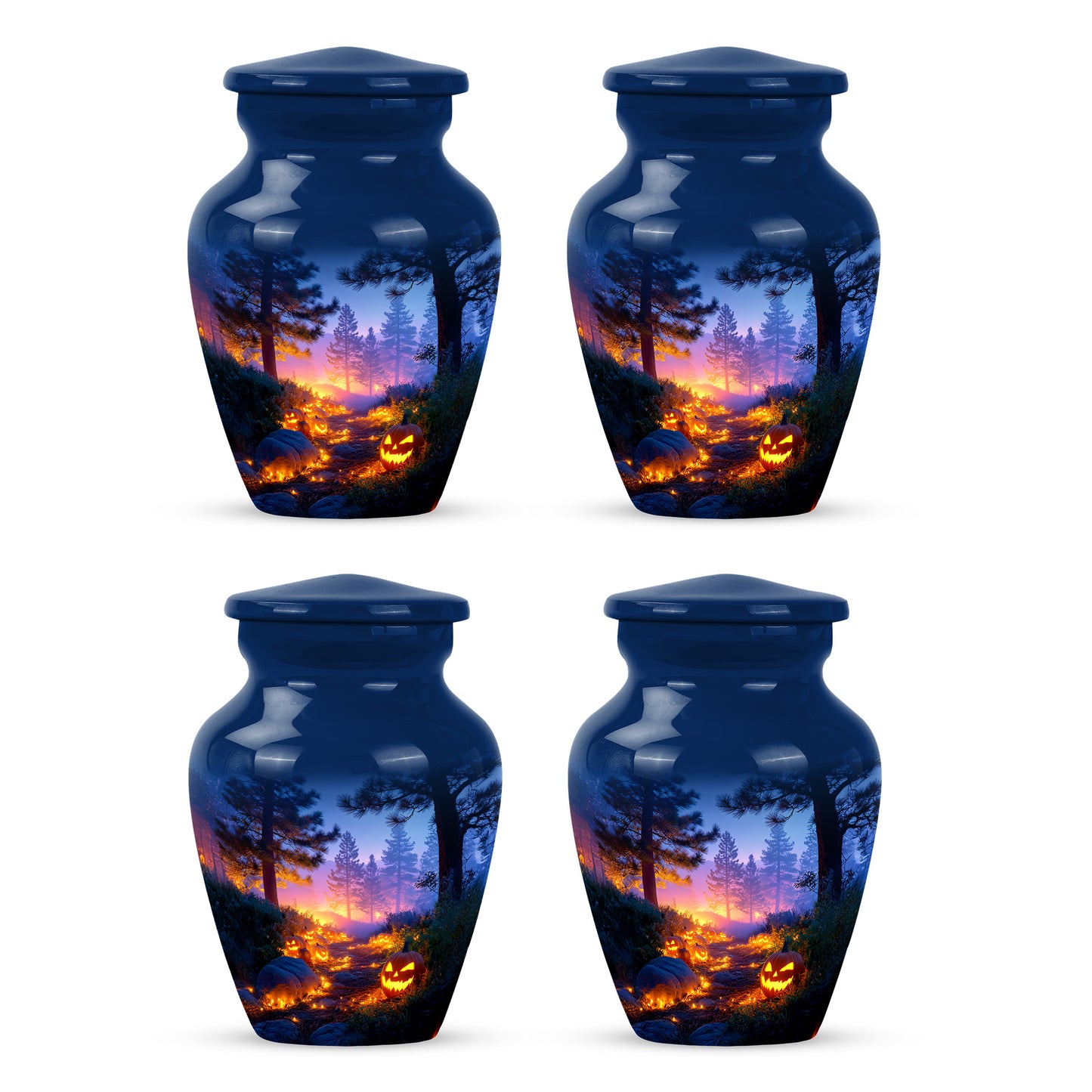 Misty Blue Halloween Cremation Urn side profile showing urn shape - classic sculpted halloween pattern on smooth aluminum - 10 inch aluminum urn for cremated remains