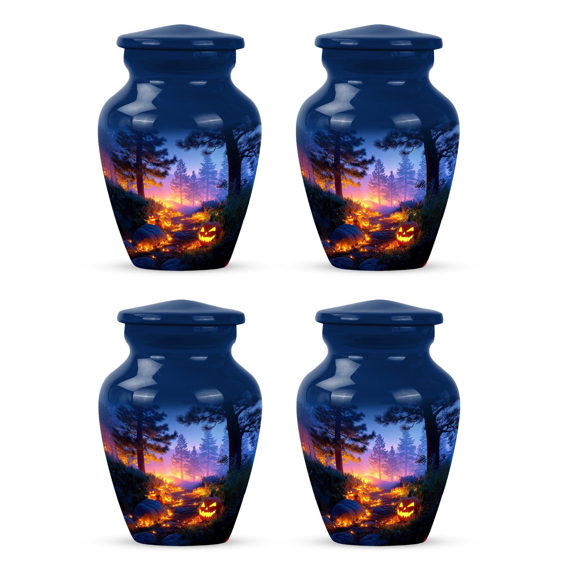 Misty Blue Halloween Cremation Urn side profile showing urn shape - classic sculpted halloween pattern on smooth aluminum - 10 inch aluminum urn for cremated remains