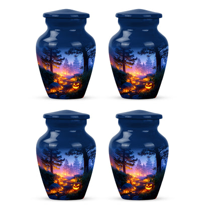 Misty Blue Halloween Cremation Urn side profile showing urn shape - classic sculpted halloween pattern on smooth aluminum - 10 inch aluminum urn for cremated remains