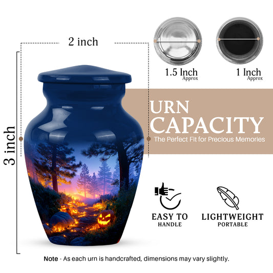 Slate Blue Halloween Cremation Urn close-up of engraving and surface detail - classic sculpted halloween pattern on smooth aluminum - mini keepsake memorial for portion of cremation ashes