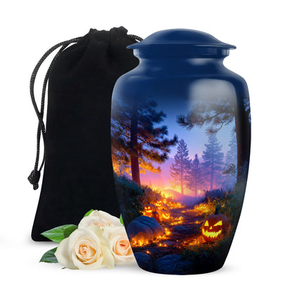 Indigo Halloween Cremation Urn angled view of lid and engraved motif - classic sculpted halloween pattern on smooth aluminum - full-size 10 inch 200 cubic inch adult cremation urn