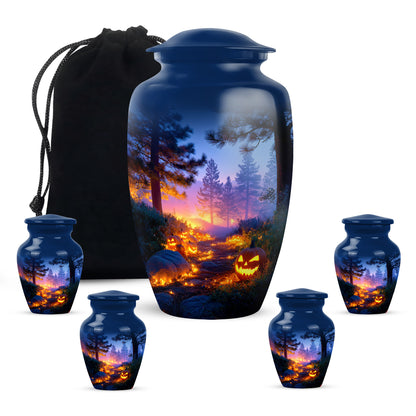 Cornflower Blue Halloween Cremation Urn top-down view of secure threaded lid - traditional halloween engraving with hand-polished finish - memorial set with one large and four small urns