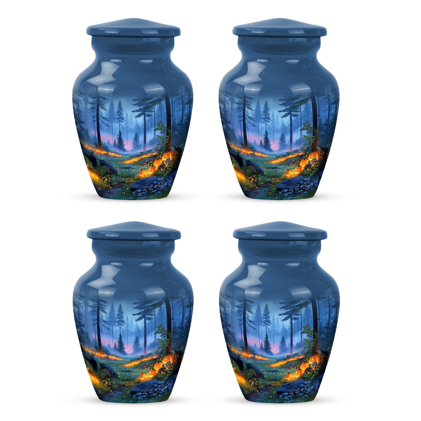 Vivid Blue Halloween Cremation Urn side profile showing urn shape - elegant classic halloween relief with fine detailing - 10 inch aluminum urn for cremated remains