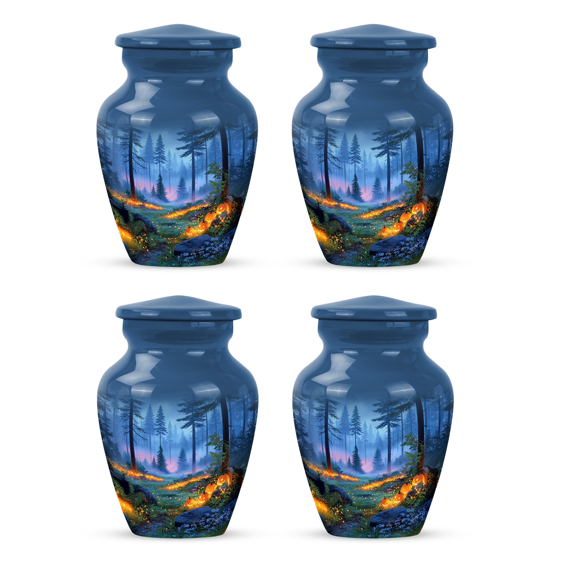 Vivid Blue Halloween Cremation Urn side profile showing urn shape - elegant classic halloween relief with fine detailing - 10 inch aluminum urn for cremated remains