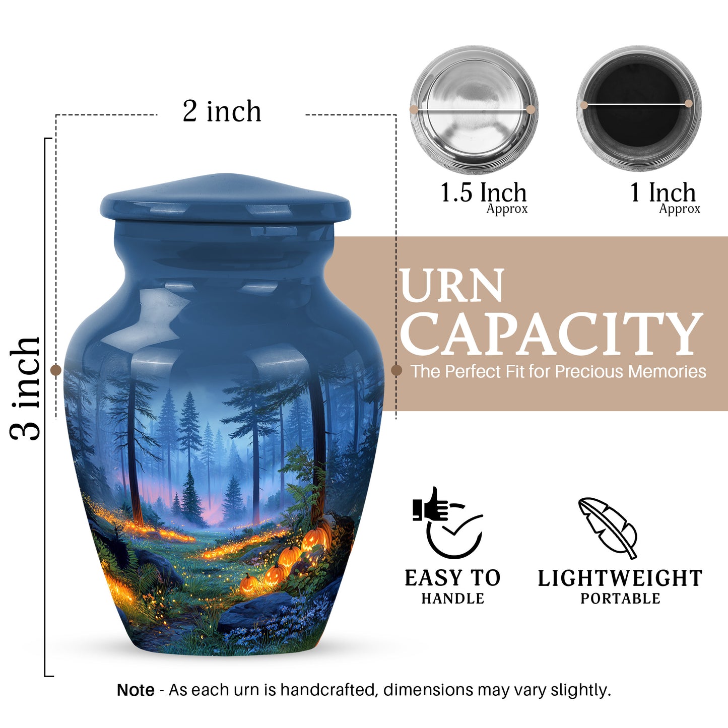 Vivid Blue Halloween Cremation Urn close-up of engraving and surface detail - traditional halloween engraving with hand-polished finish - mini keepsake memorial for portion of cremation ashes