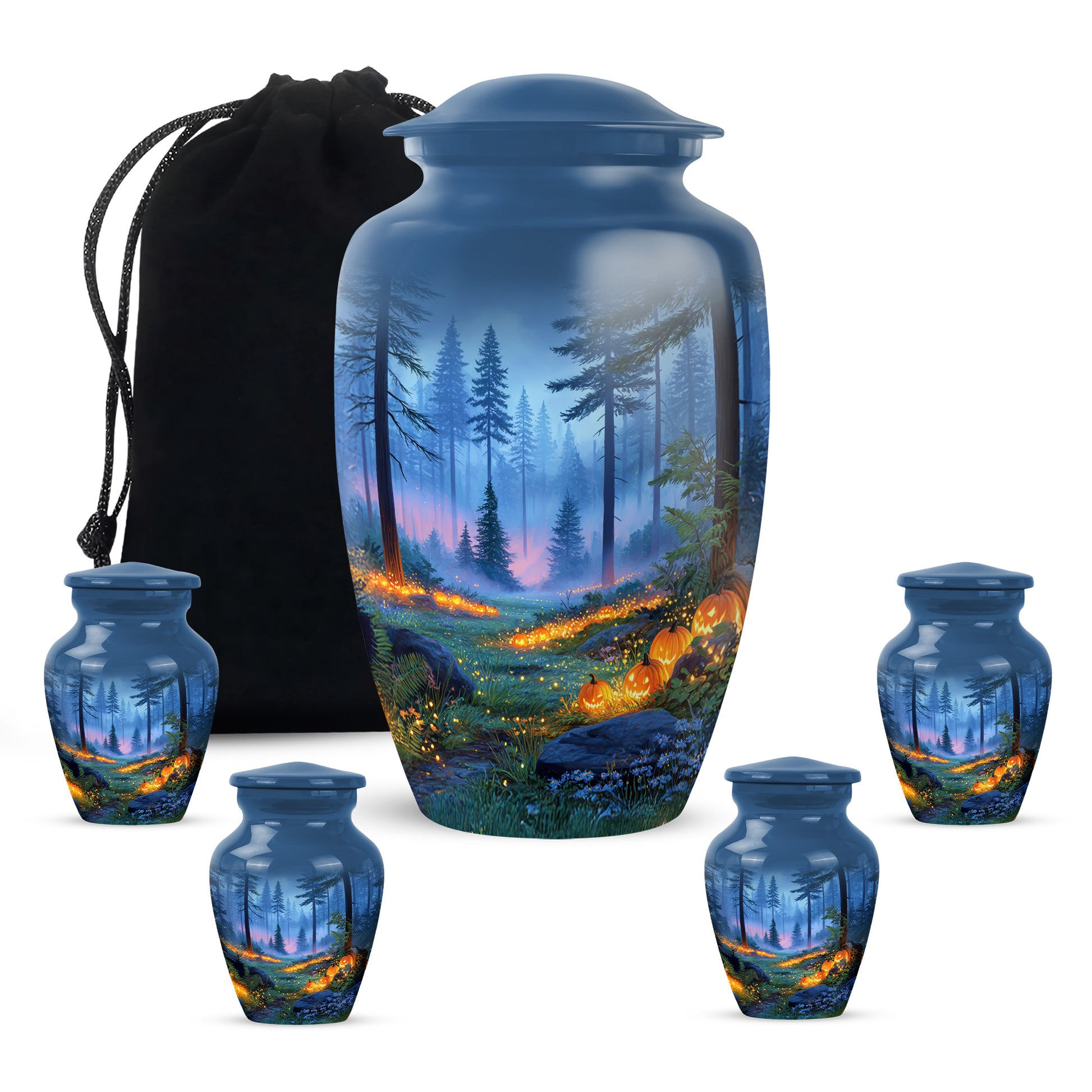 Calming Blue Halloween Cremation Urn top-down view of secure threaded lid - traditional halloween engraving with hand-polished finish - memorial set with one large and four small urns