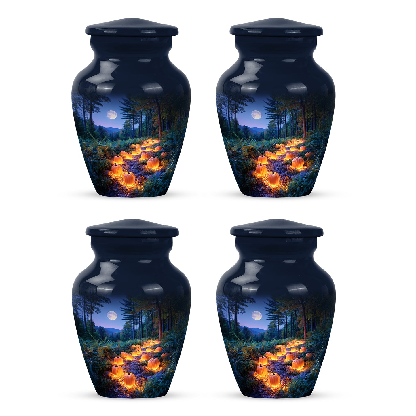 Celestial Blue Halloween Cremation Urn side profile showing urn shape - timeless halloween motif etched into premium metal - 10 inch aluminum urn for cremated remains