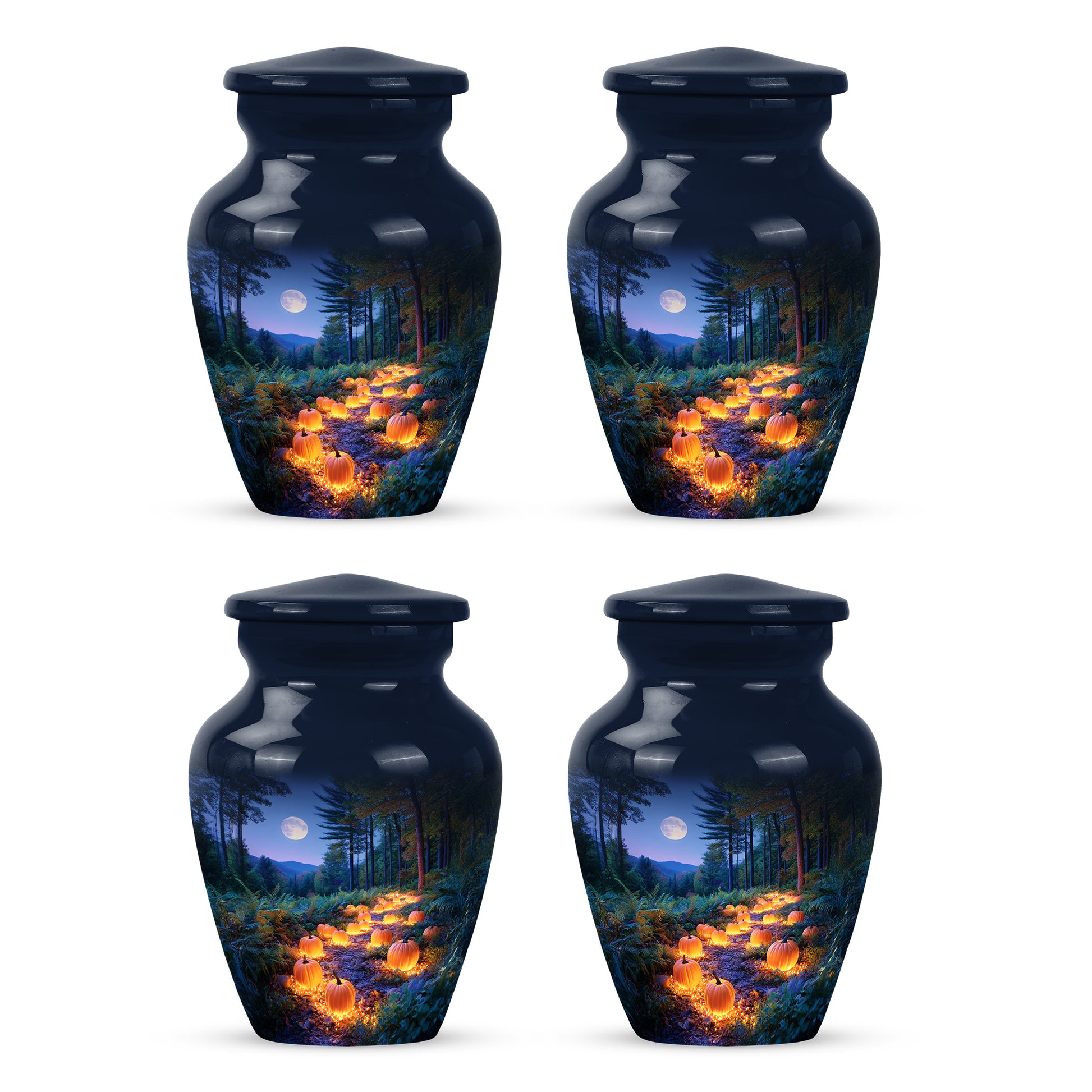 Celestial Blue Halloween Cremation Urn side profile showing urn shape - timeless halloween motif etched into premium metal - 10 inch aluminum urn for cremated remains