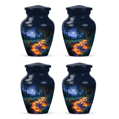 Celestial Blue Halloween Cremation Urn side profile showing urn shape - timeless halloween motif etched into premium metal - 10 inch aluminum urn for cremated remains