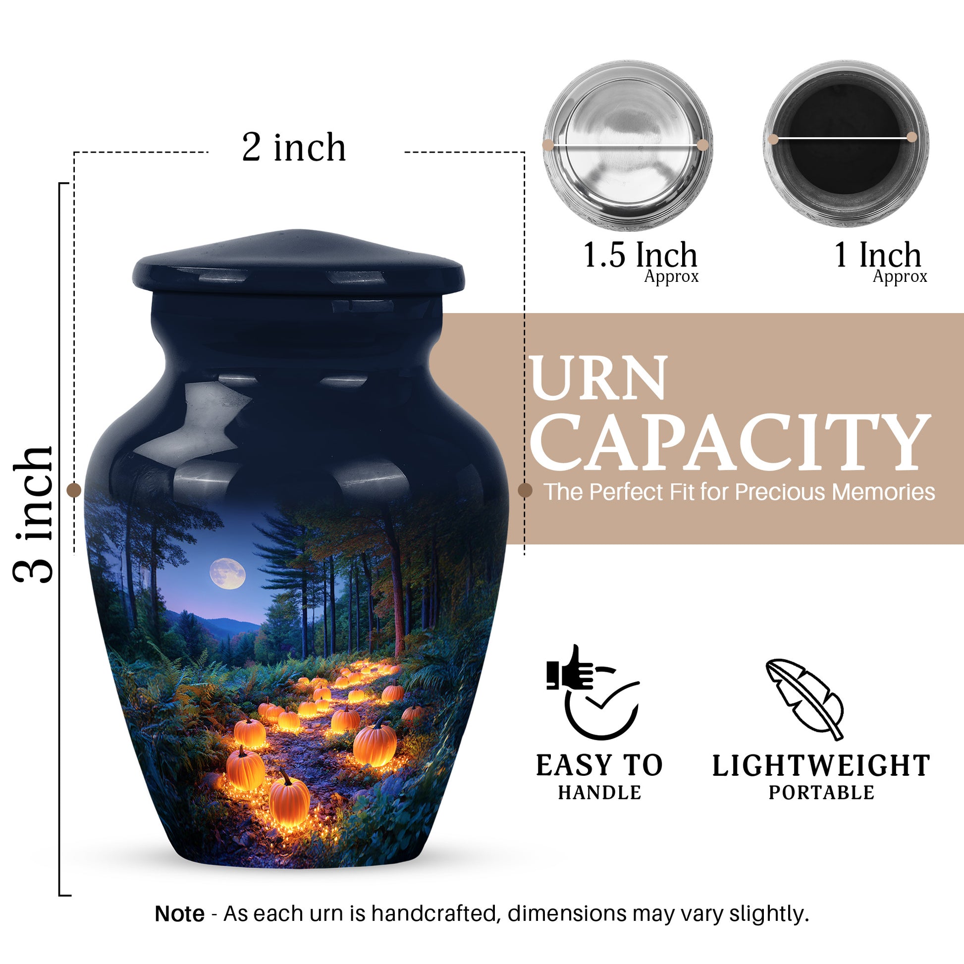 Royal Blue Halloween Cremation Urn close-up of engraving and surface detail - traditional halloween engraving with hand-polished finish - mini keepsake memorial for portion of cremation ashes
