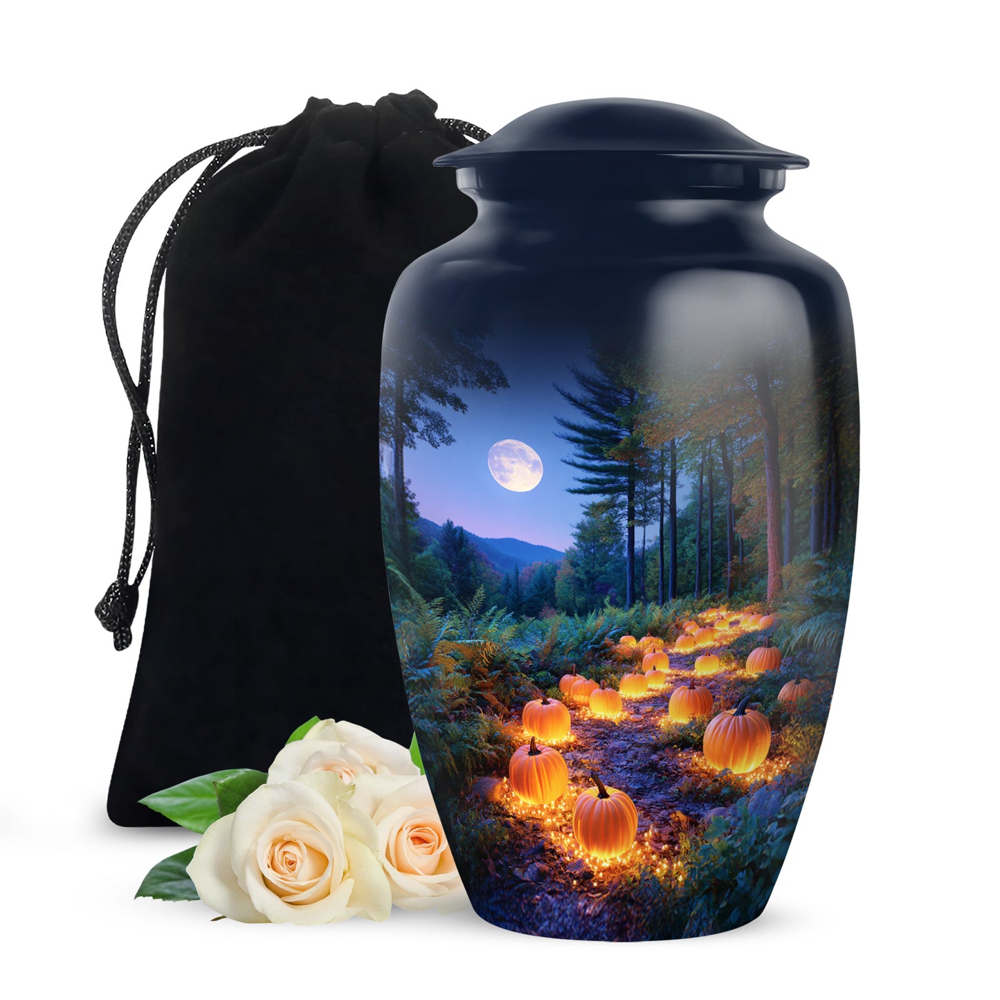 Indigo Halloween Cremation Urn angled view of lid and engraved motif - classic sculpted halloween pattern on smooth aluminum - full-size 10 inch 200 cubic inch adult cremation urn