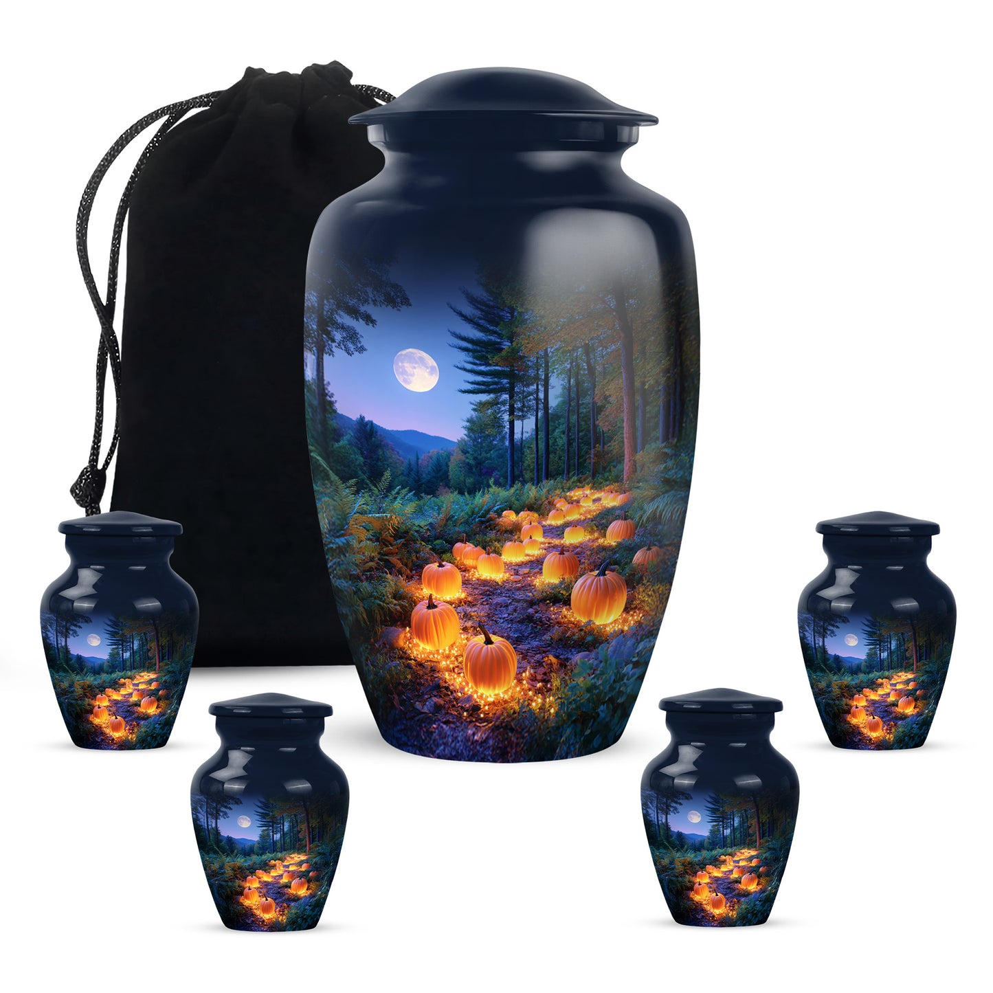 Bright Blue Halloween Cremation Urn top-down view of secure threaded lid - traditional halloween engraving with hand-polished finish - memorial set with one large and four small urns