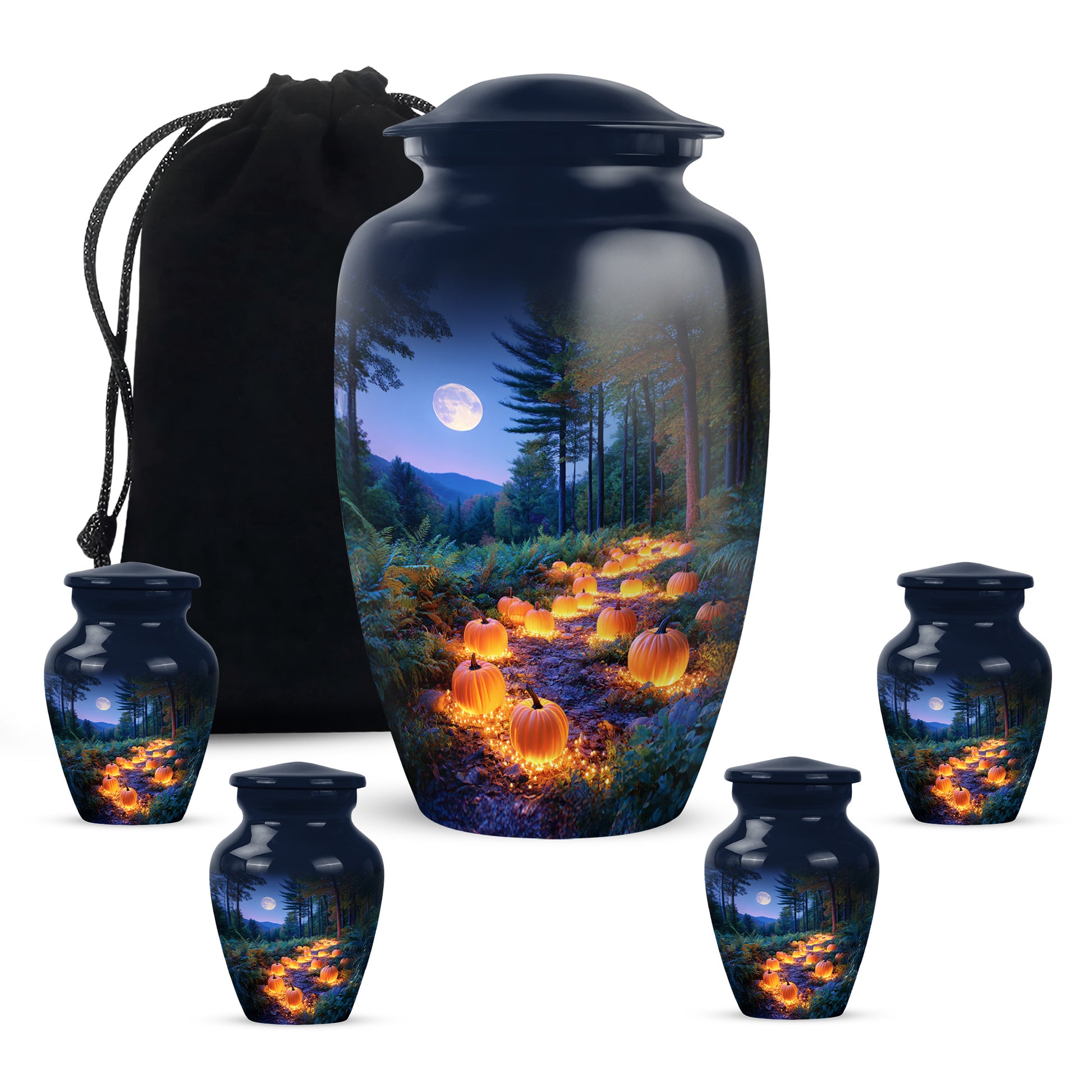Bright Blue Halloween Cremation Urn top-down view of secure threaded lid - traditional halloween engraving with hand-polished finish - memorial set with one large and four small urns