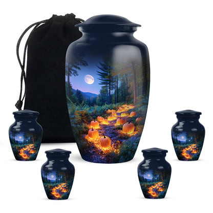Bright Blue Halloween Cremation Urn top-down view of secure threaded lid - traditional halloween engraving with hand-polished finish - memorial set with one large and four small urns