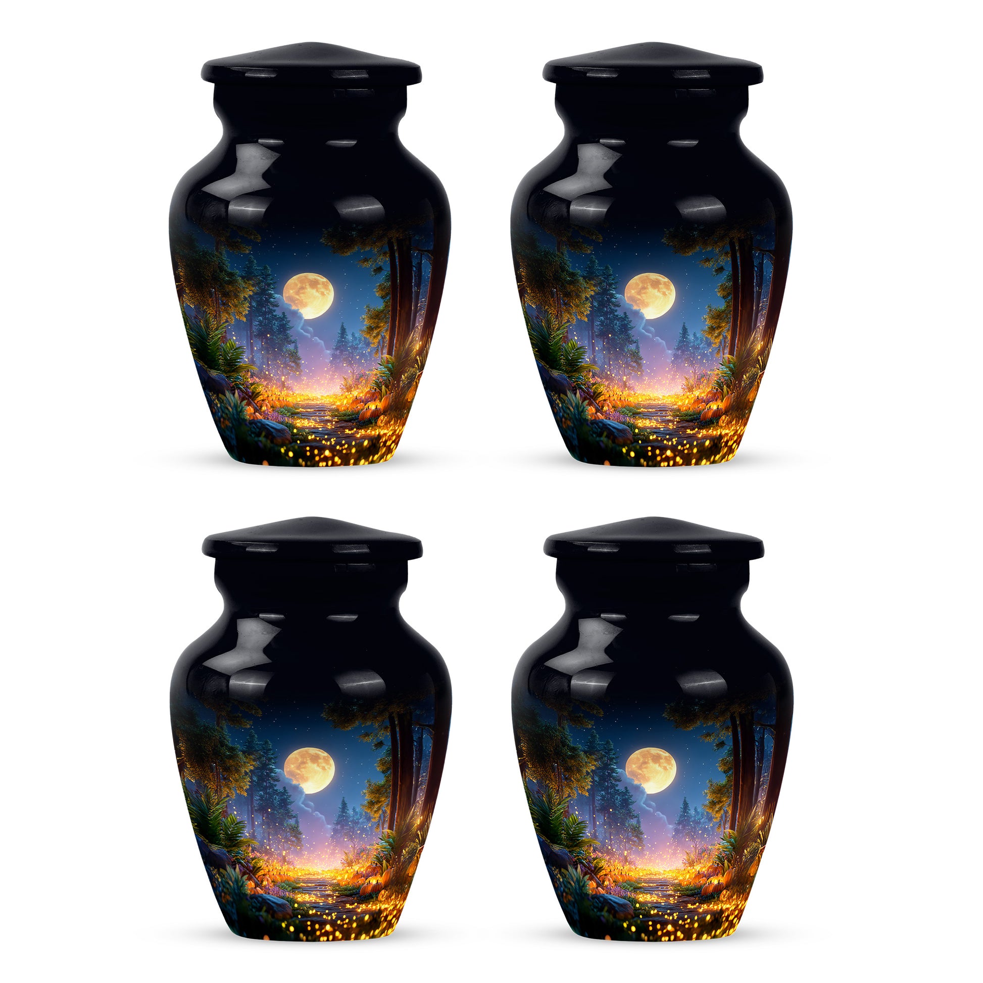 Obsidian Black Halloween Cremation Urn side profile showing urn shape - elegant classic halloween relief with fine detailing - 10 inch aluminum urn for cremated remains