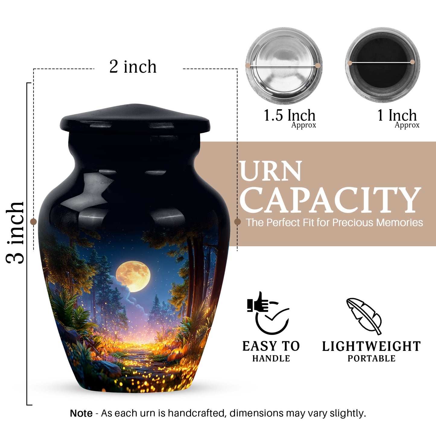 Charcoal Black Halloween Cremation Urn close-up of engraving and surface detail - traditional halloween engraving with hand-polished finish - mini keepsake memorial for portion of cremation ashes