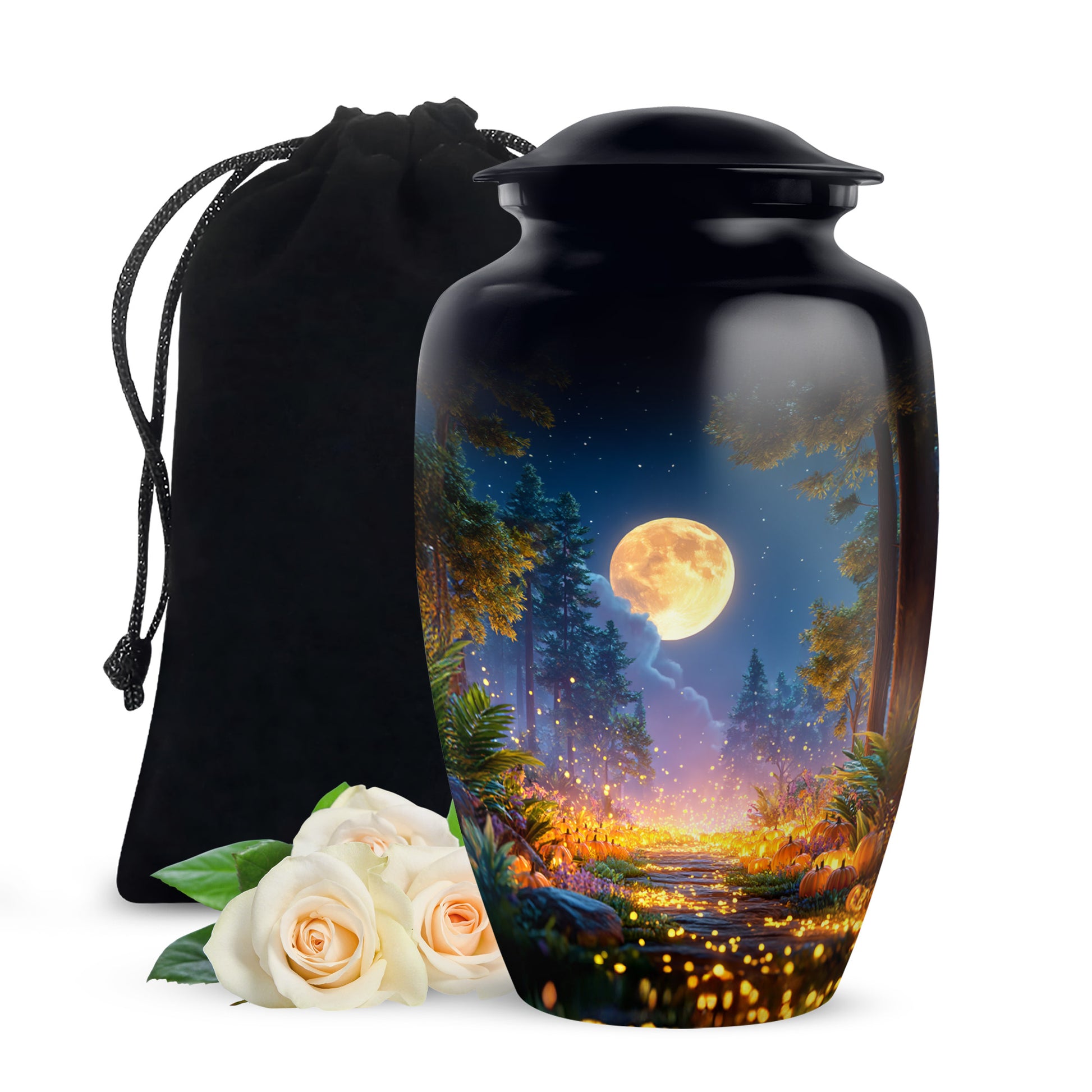 Midnight Black Halloween Cremation Urn angled view of lid and engraved motif - traditional halloween engraving with hand-polished finish - full-size 10 inch 200 cubic inch adult cremation urn
