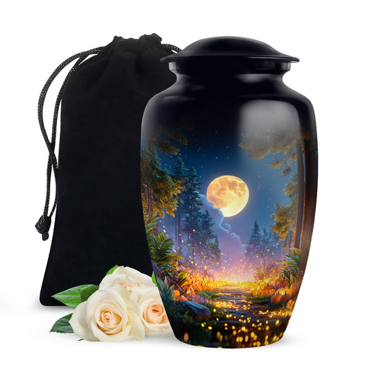 Midnight Black Halloween Cremation Urn angled view of lid and engraved motif - traditional halloween engraving with hand-polished finish - full-size 10 inch 200 cubic inch adult cremation urn