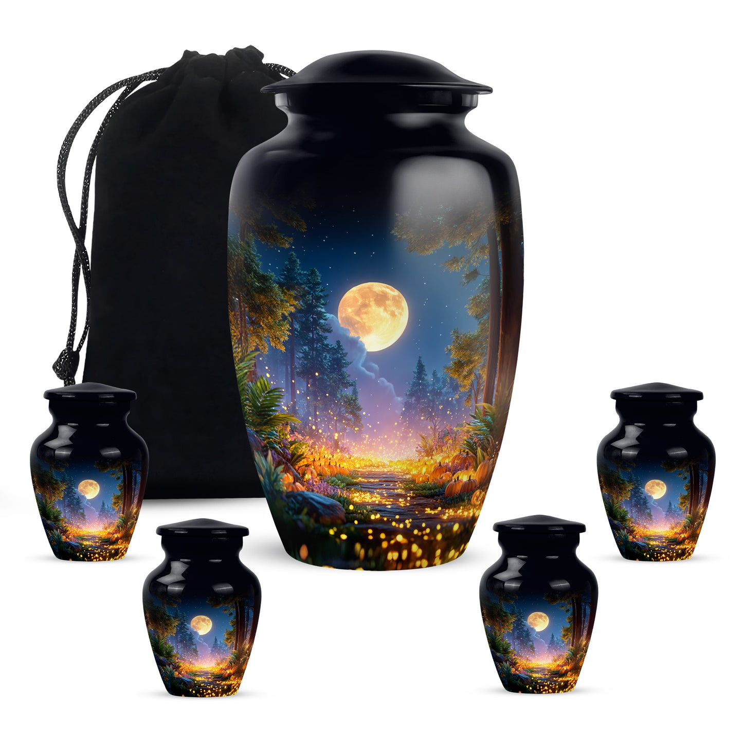Onyx Black Halloween Cremation Urn top-down view of secure threaded lid - elegant classic halloween relief with fine detailing - memorial set with one large and four small urns