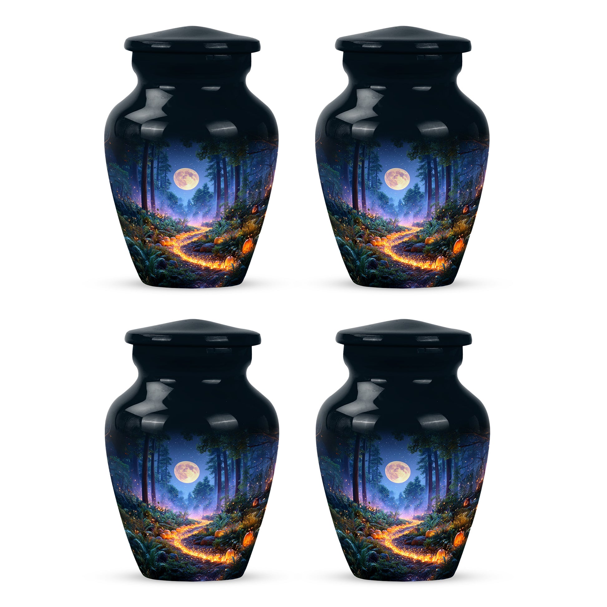 Powder Blue Halloween Cremation Urn side profile showing urn shape - timeless halloween motif etched into premium metal - 10 inch aluminum urn for cremated remains
