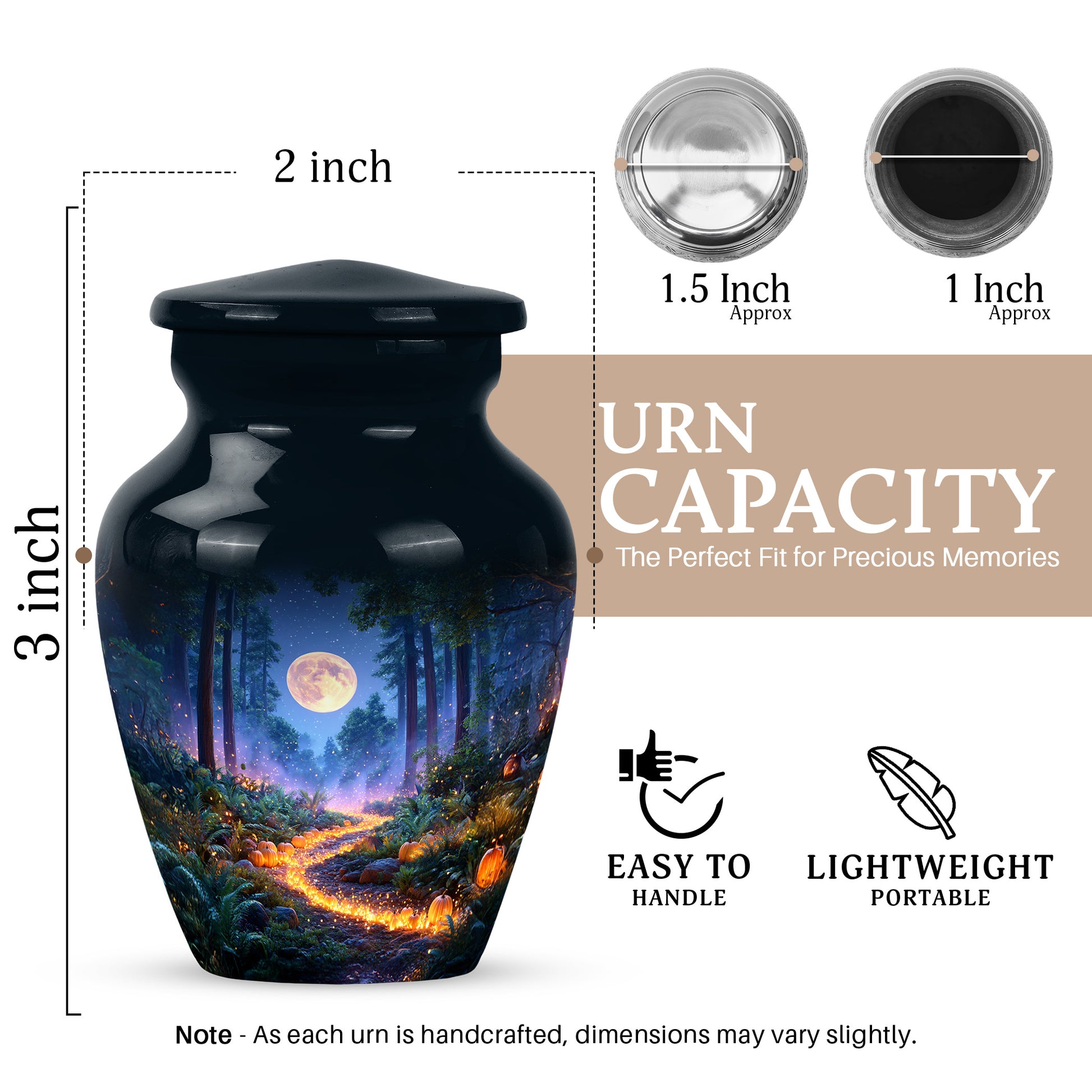 Dusty Blue Halloween Cremation Urn close-up of engraving and surface detail - classic sculpted halloween pattern on smooth aluminum - mini keepsake memorial for portion of cremation ashes
