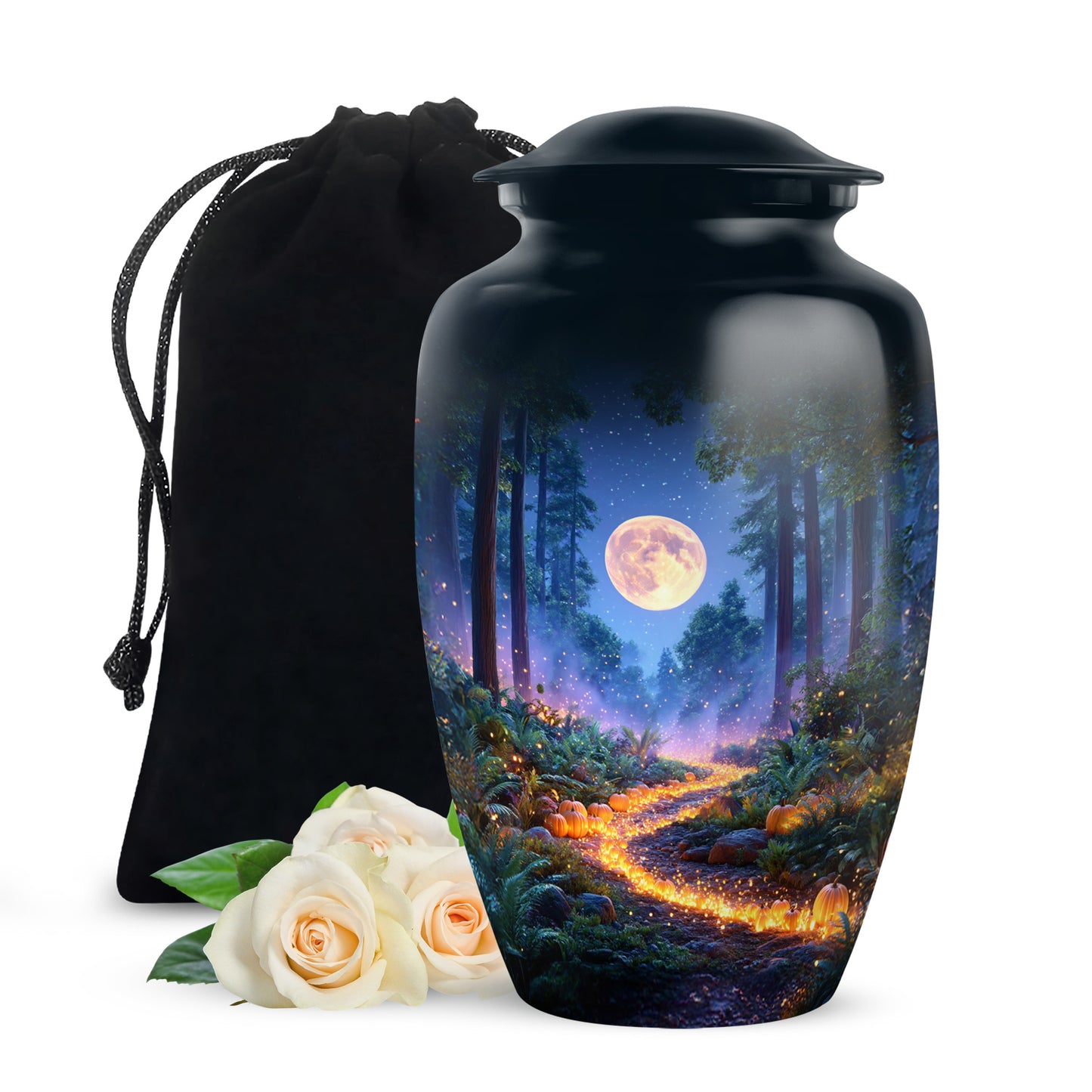 Serene Blue Halloween Cremation Urn angled view of lid and engraved motif - elegant classic halloween relief with fine detailing - full-size 10 inch 200 cubic inch adult cremation urn
