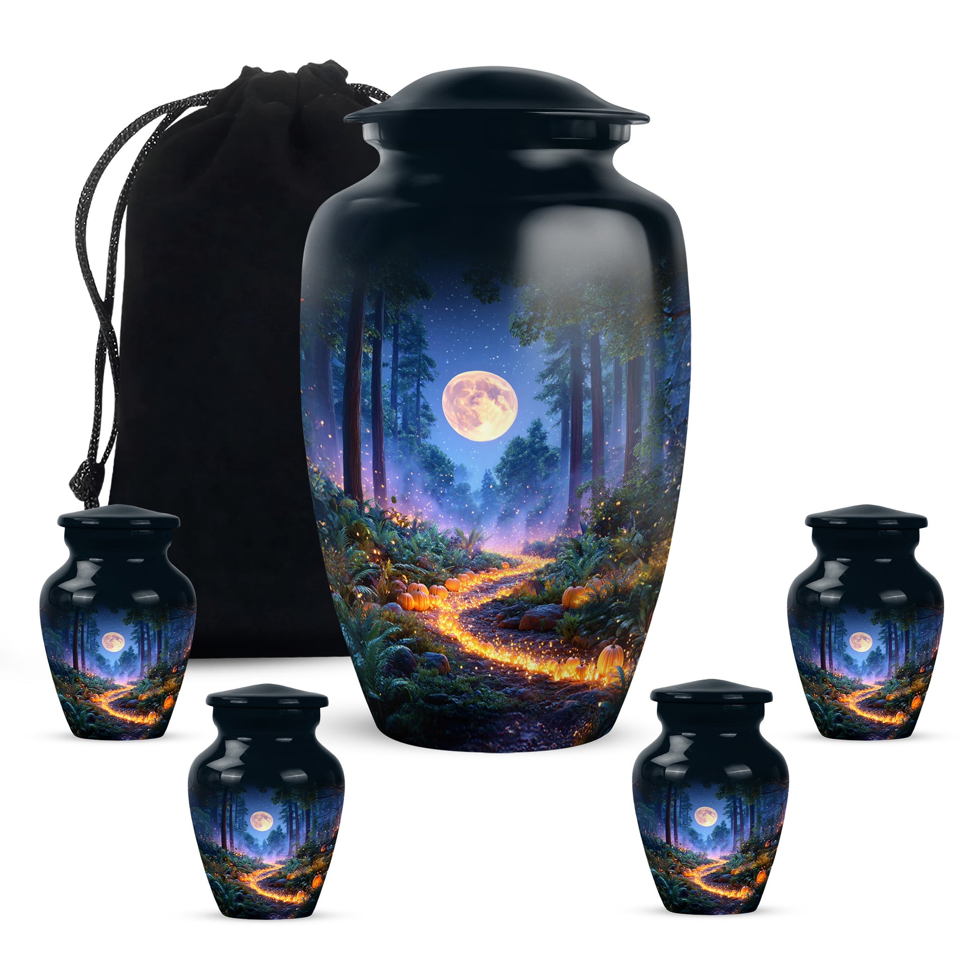 Powder Blue Halloween Cremation Urn top-down view of secure threaded lid - timeless halloween motif etched into premium metal - memorial set with one large and four small urns