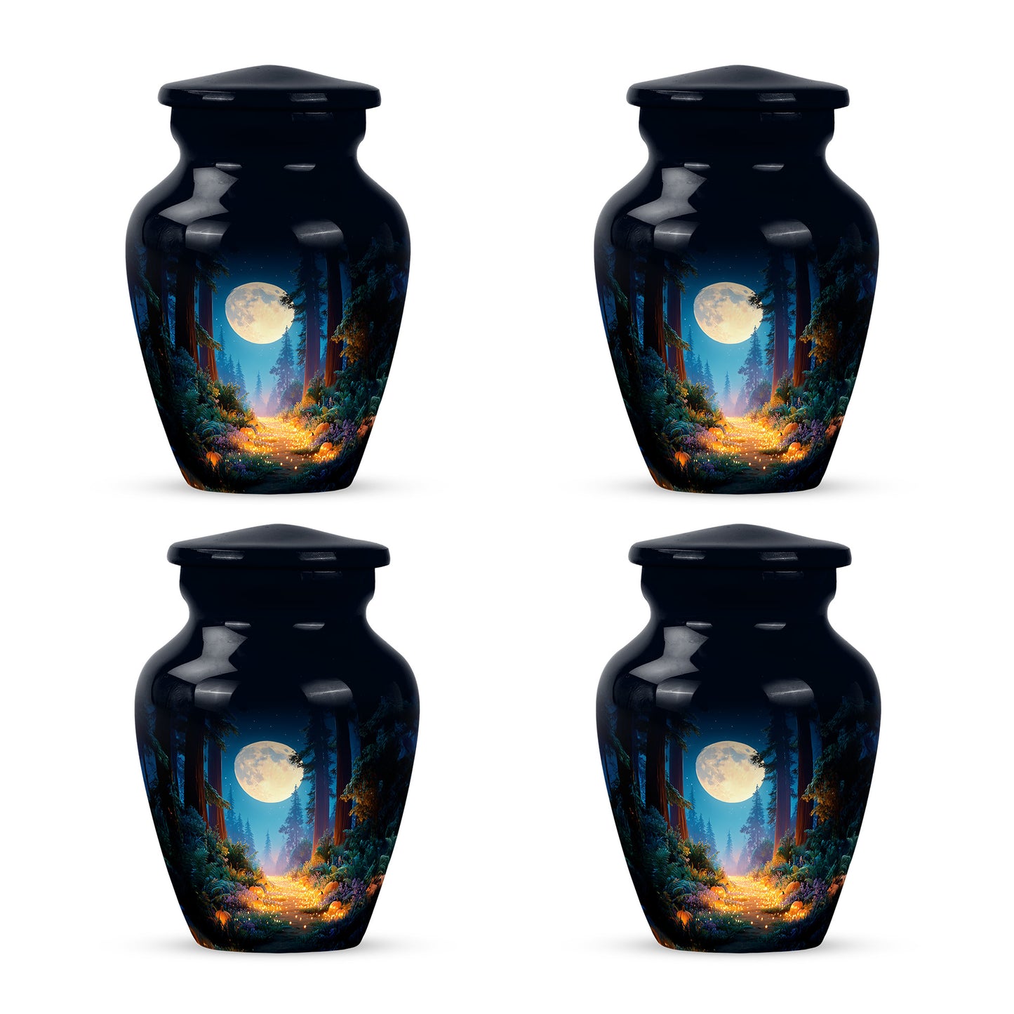 Calming Blue Halloween Cremation Urn side profile showing urn shape - elegant classic halloween relief with fine detailing - 10 inch aluminum urn for cremated remains