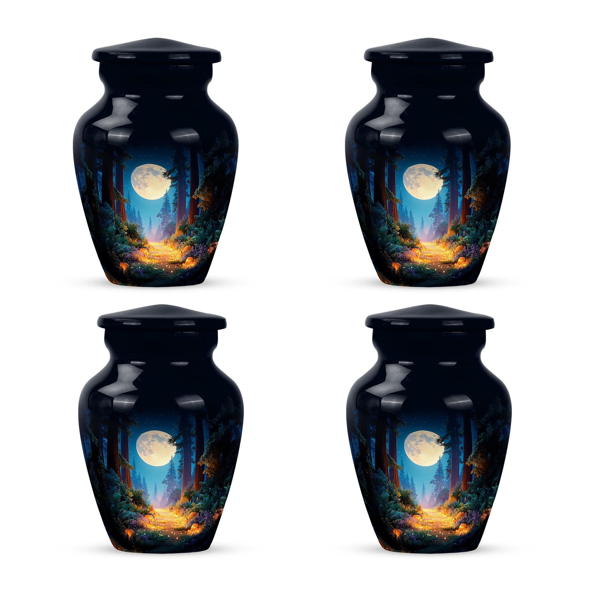 Calming Blue Halloween Cremation Urn side profile showing urn shape - elegant classic halloween relief with fine detailing - 10 inch aluminum urn for cremated remains