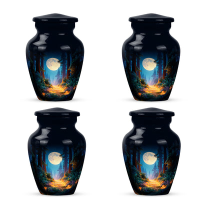 Calming Blue Halloween Cremation Urn side profile showing urn shape - elegant classic halloween relief with fine detailing - 10 inch aluminum urn for cremated remains
