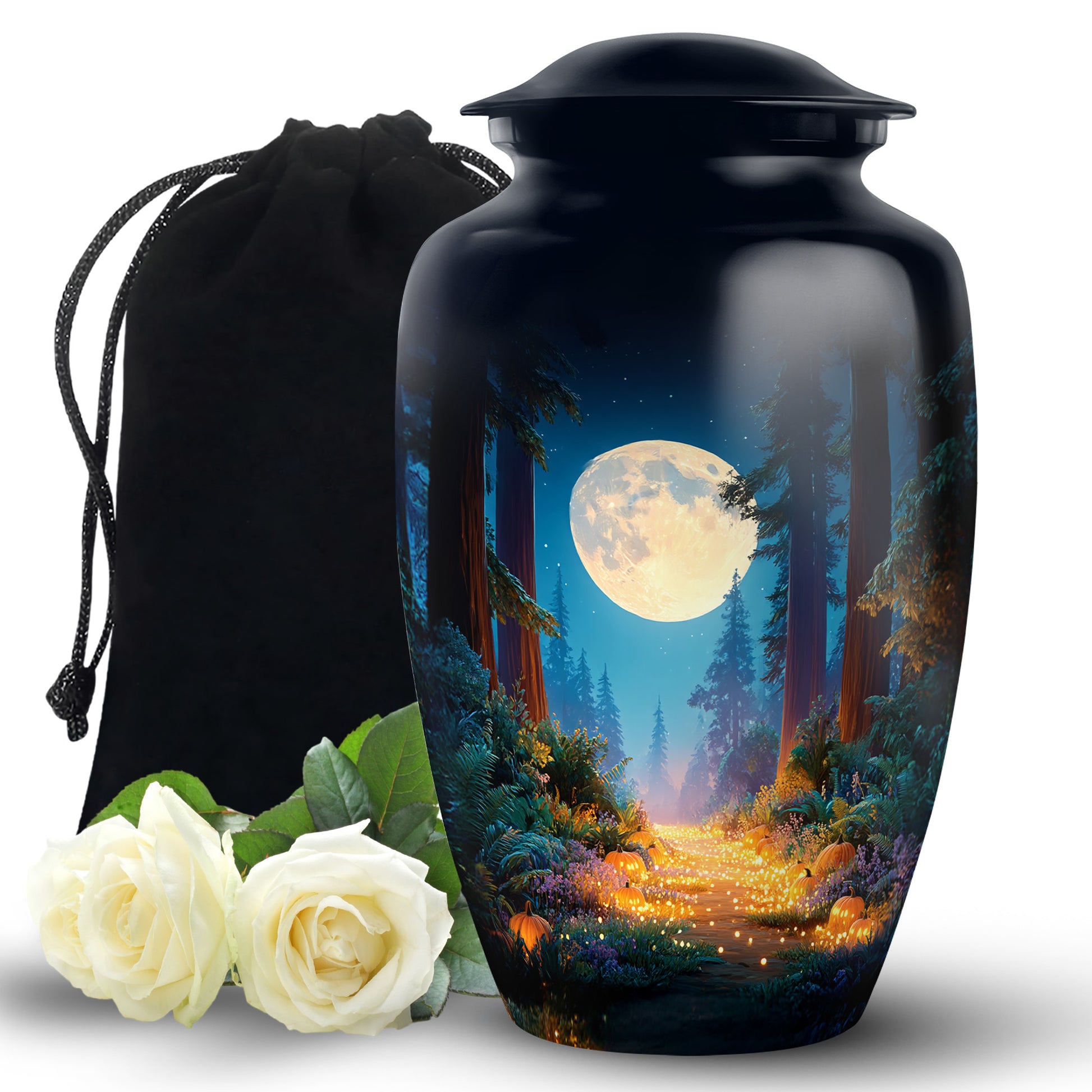 Royal Blue Halloween Cremation Urn angled view of lid and engraved motif - elegant classic halloween relief with fine detailing - full-size 10 inch 200 cubic inch adult cremation urn