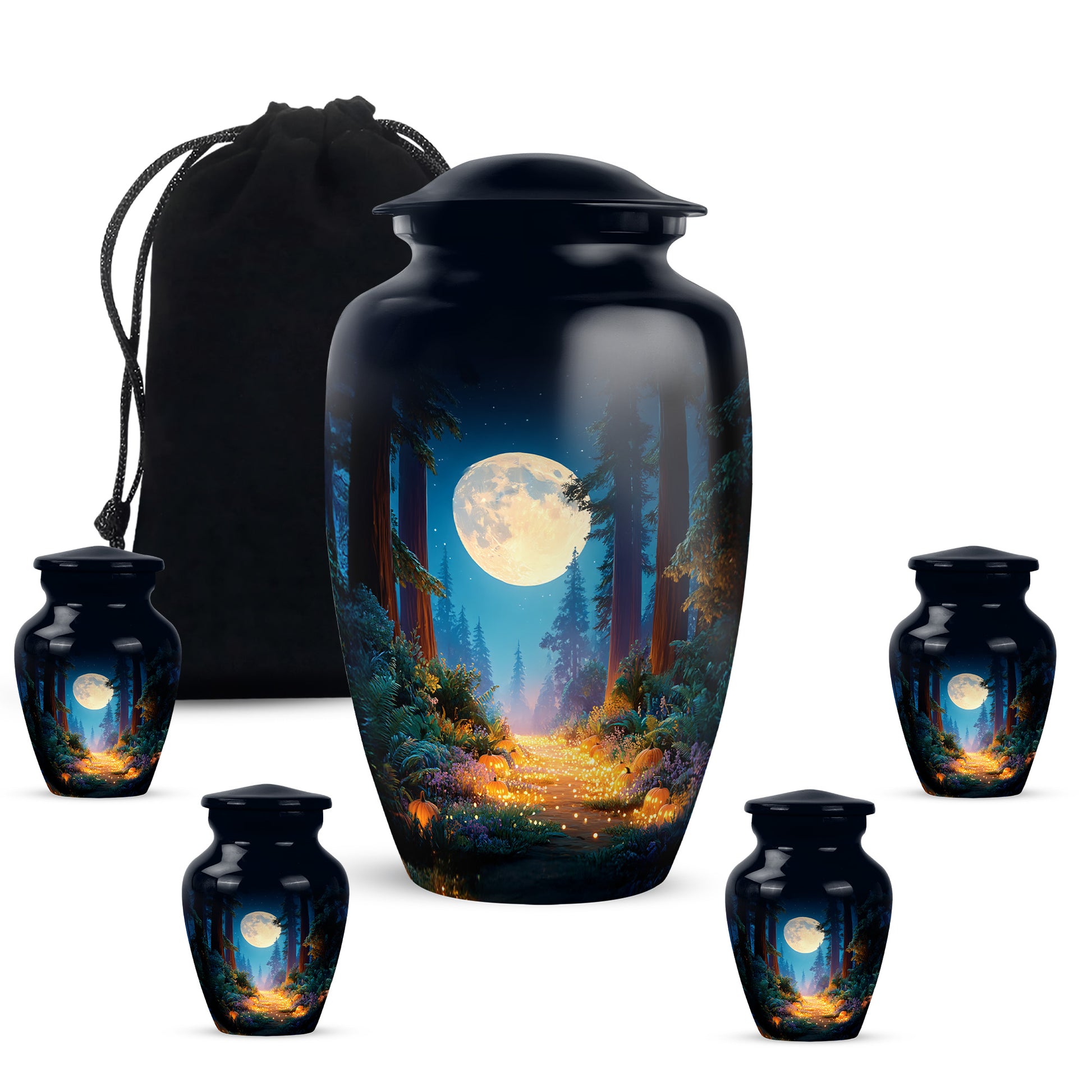 Calming Blue Halloween Cremation Urn top-down view of secure threaded lid - elegant classic halloween relief with fine detailing - memorial set with one large and four small urns