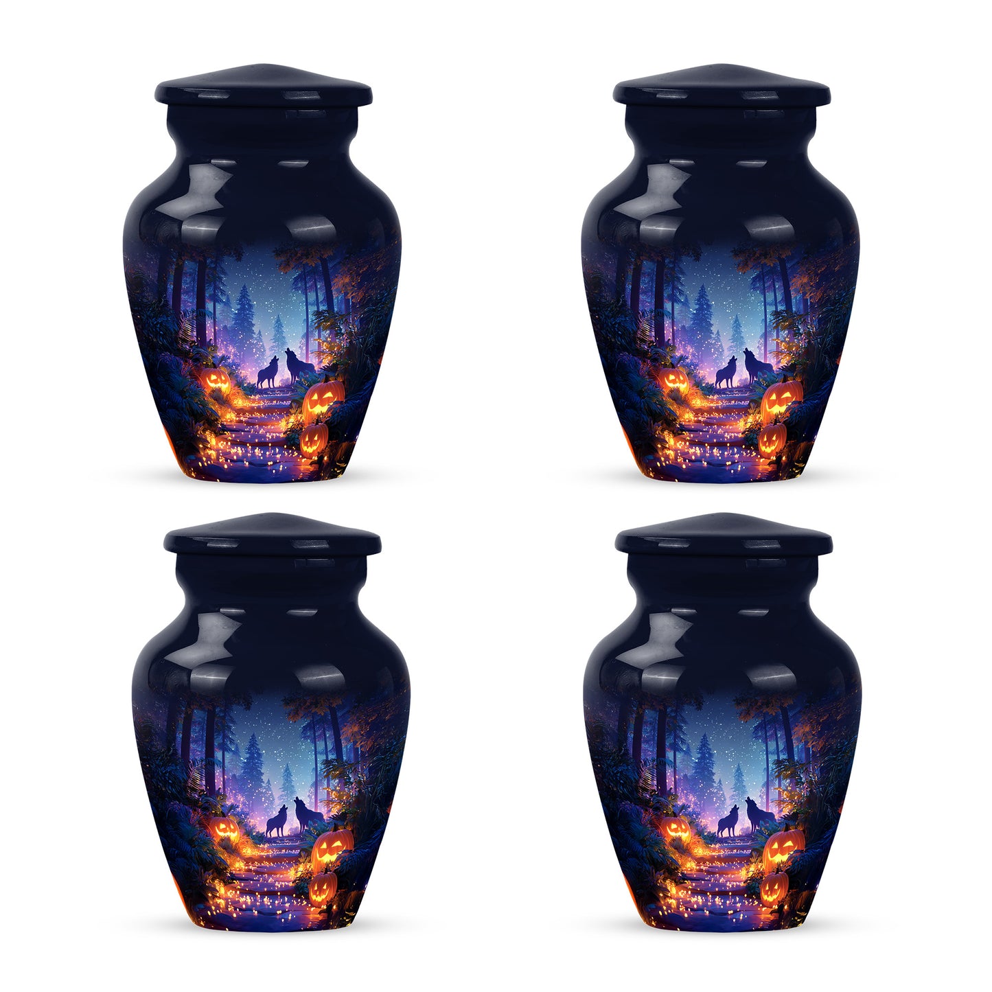 Powder Blue Halloween Cremation Urn side profile showing urn shape - timeless halloween motif etched into premium metal - 10 inch aluminum urn for cremated remains