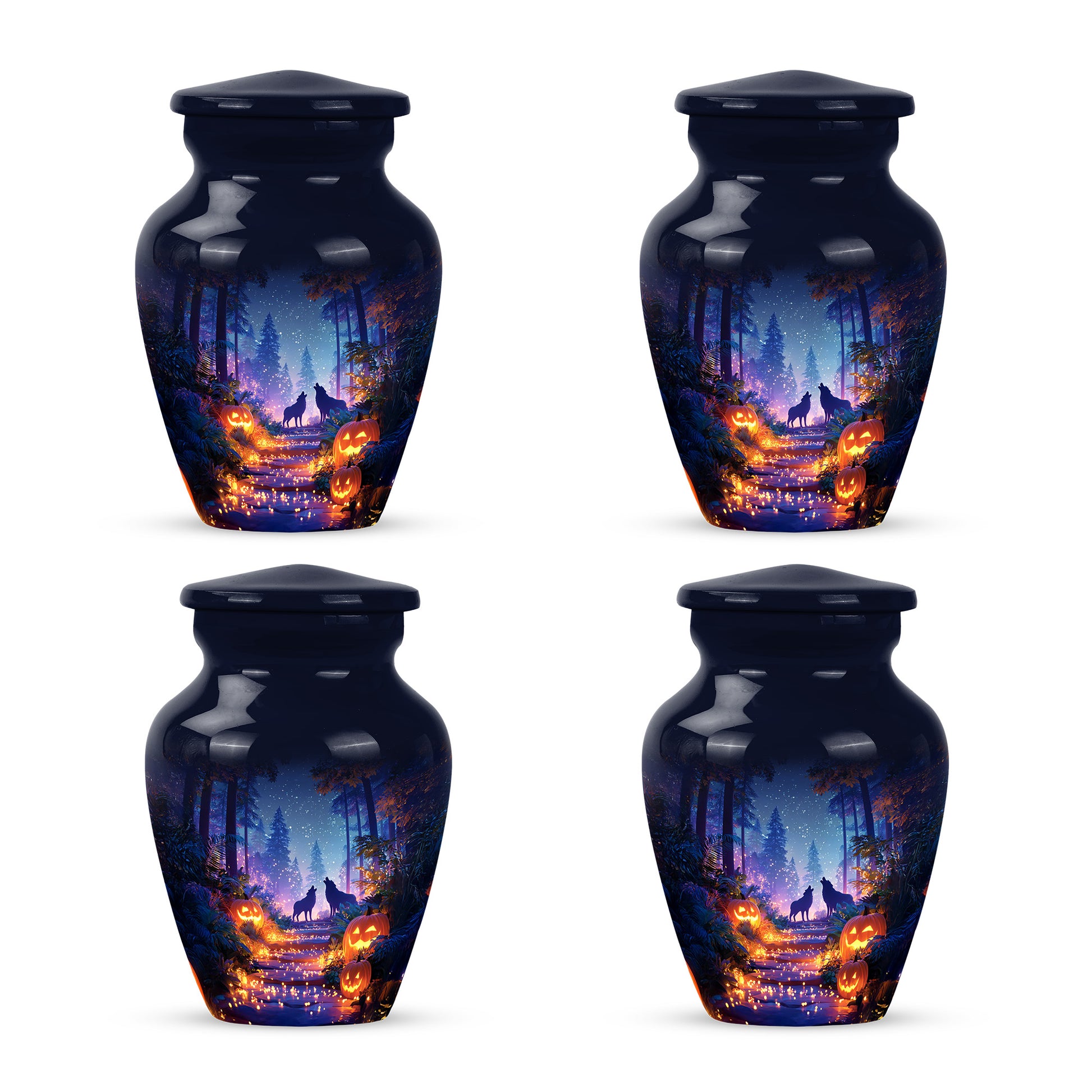 Powder Blue Halloween Cremation Urn side profile showing urn shape - timeless halloween motif etched into premium metal - 10 inch aluminum urn for cremated remains