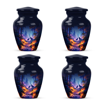 Powder Blue Halloween Cremation Urn side profile showing urn shape - timeless halloween motif etched into premium metal - 10 inch aluminum urn for cremated remains