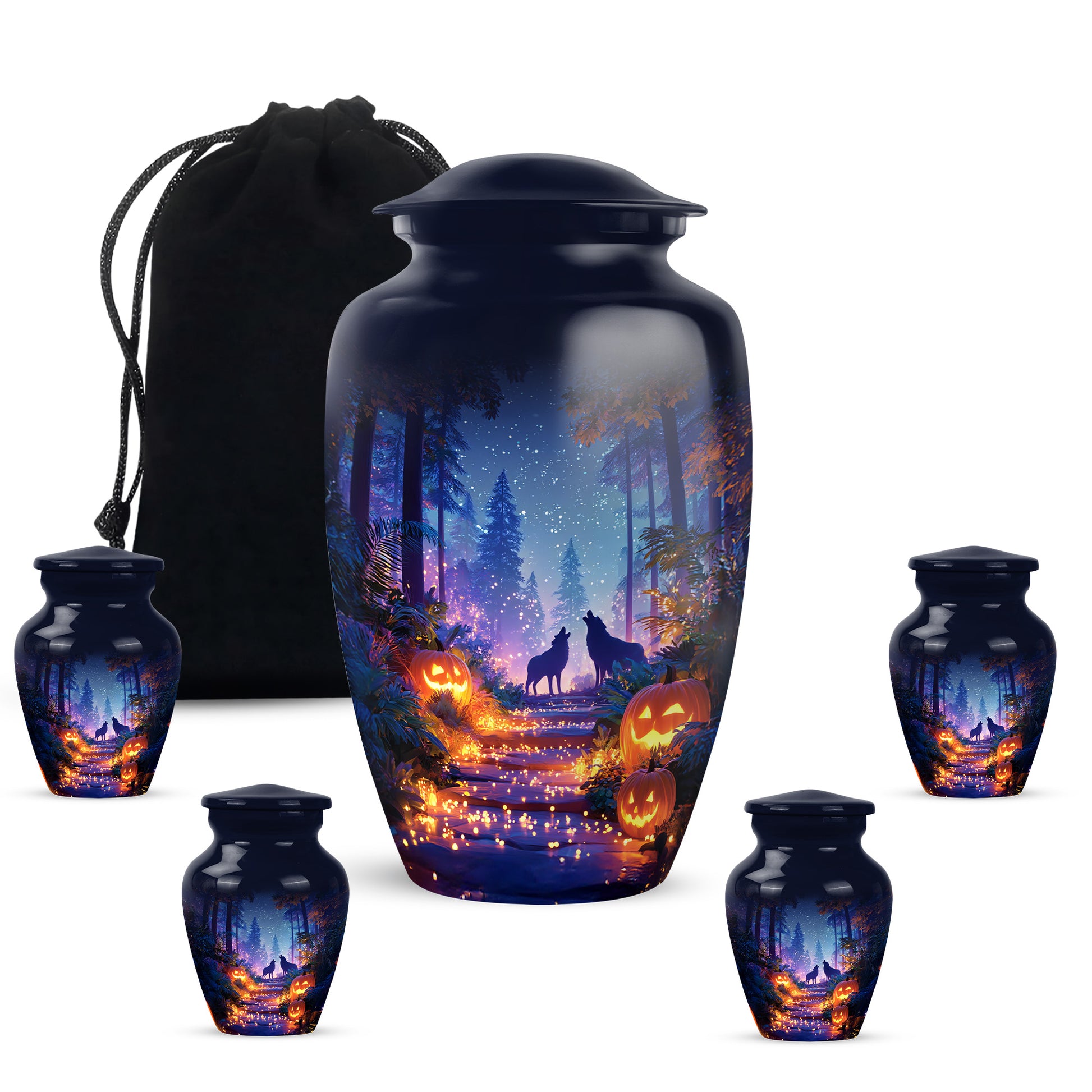 Cobalt Blue Halloween Cremation Urn top-down view of secure threaded lid - traditional halloween engraving with hand-polished finish - memorial set with one large and four small urns