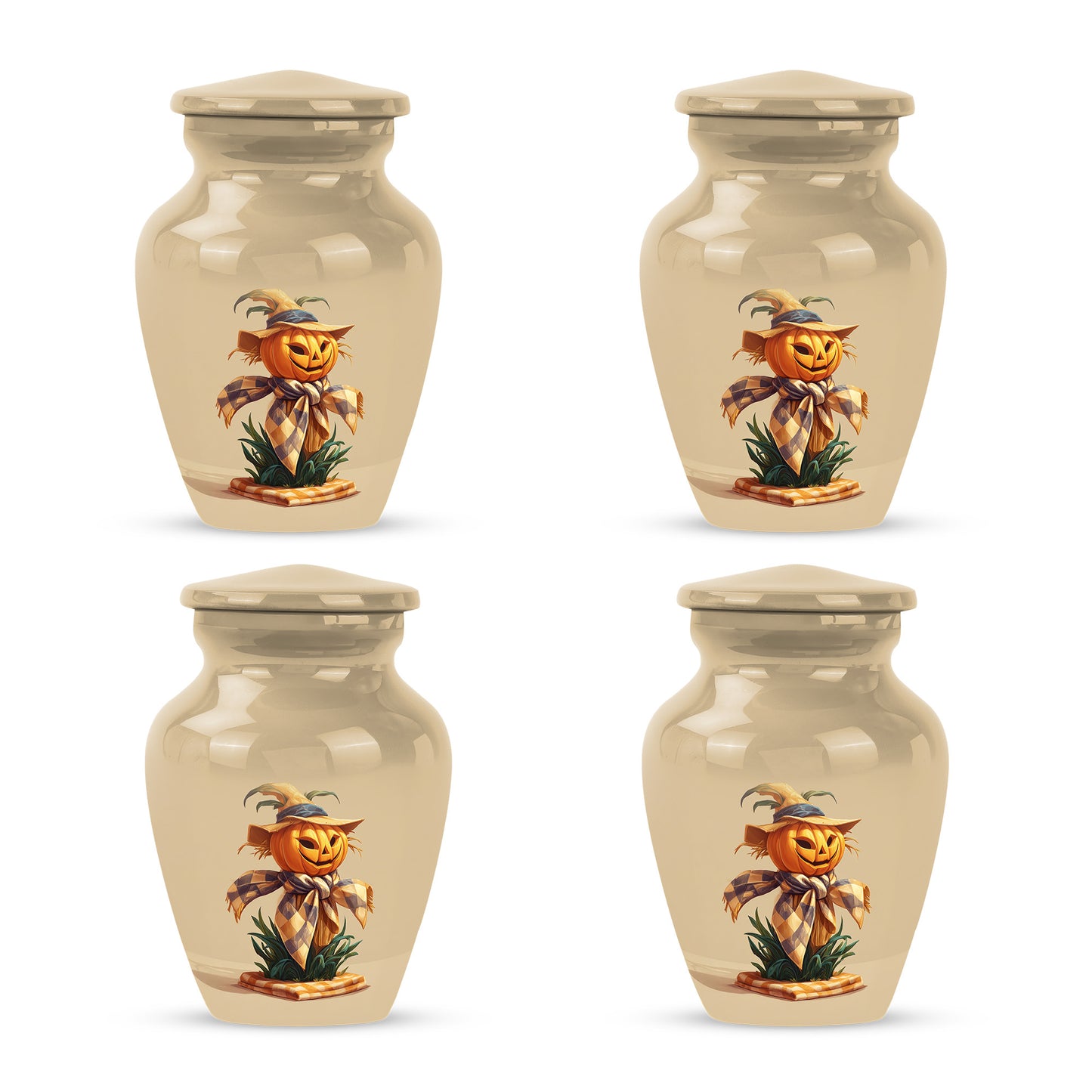 Champagne Gold Halloween Cremation Urn side profile showing urn shape - timeless halloween motif etched into premium metal - 10 inch aluminum urn for cremated remains