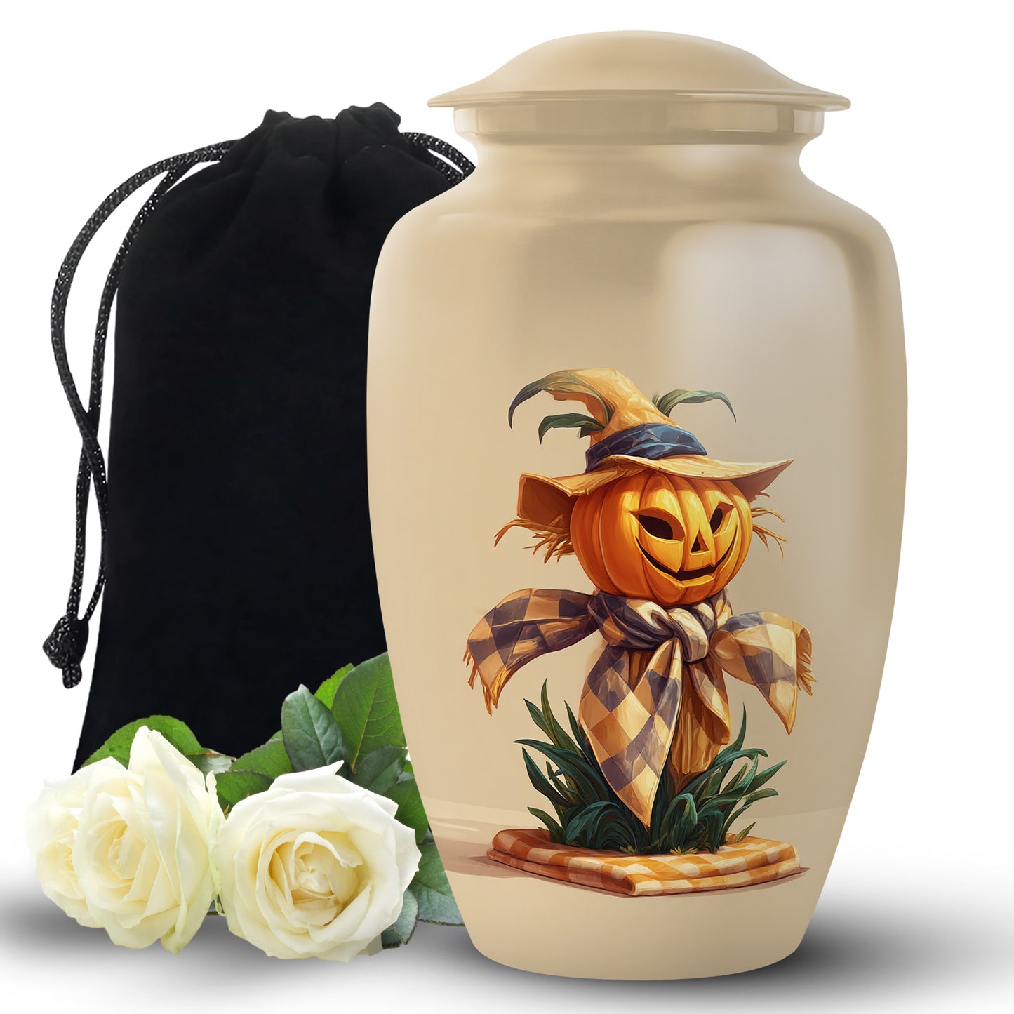 Matte Gold Halloween Cremation Urn angled view of lid and engraved motif - elegant classic halloween relief with fine detailing - full-size 10 inch 200 cubic inch adult cremation urn
