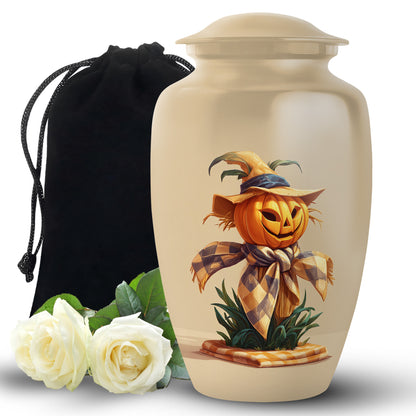 Matte Gold Halloween Cremation Urn angled view of lid and engraved motif - elegant classic halloween relief with fine detailing - full-size 10 inch 200 cubic inch adult cremation urn