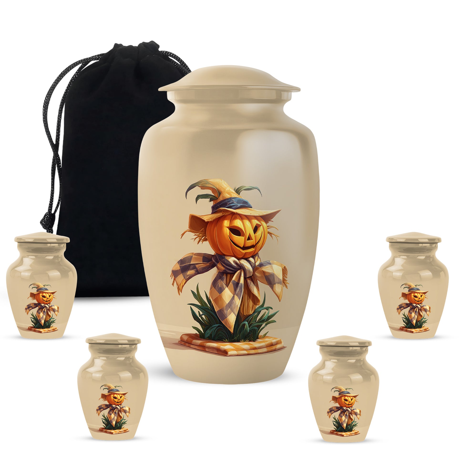 Warm Gold Halloween Cremation Urn top-down view of secure threaded lid - elegant classic halloween relief with fine detailing - memorial set with one large and four small urns