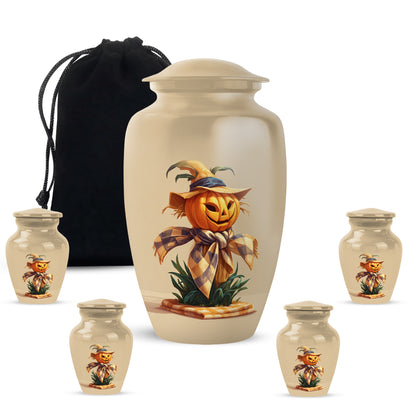 Warm Gold Halloween Cremation Urn top-down view of secure threaded lid - elegant classic halloween relief with fine detailing - memorial set with one large and four small urns